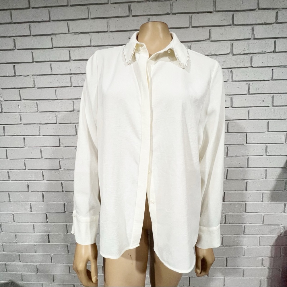Zara Pearl Detail Collar Button-Up Shirt